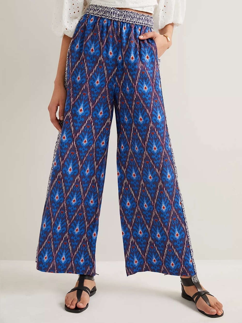 Anthropologie Vale Wide Leg Blue Geometric Patchwork Flowy Viscose Pants M